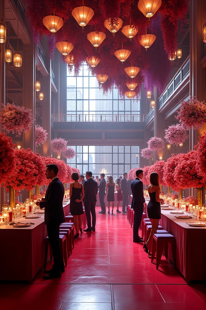 Corporate party decoration using red purple colors, white and some yellow touches
