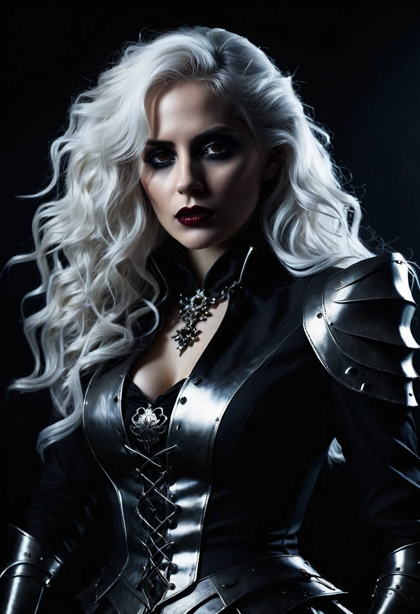 (hyper realistic) (movie scene) (photograph) 
dark and mysterious silhouette of a woman, vampires, White hair, long and wavy, Gothic secretary outfit adorned with metal armor. black backdrop. SHE LAY DOWN, messy hair on face, and there are shadows filling her body Epic, Color grading, Editorial photography, Shot on 70mm lens, Cinematic lighting, Unreal Engine 5, ultra realistic, high level of detail, extreme quality
