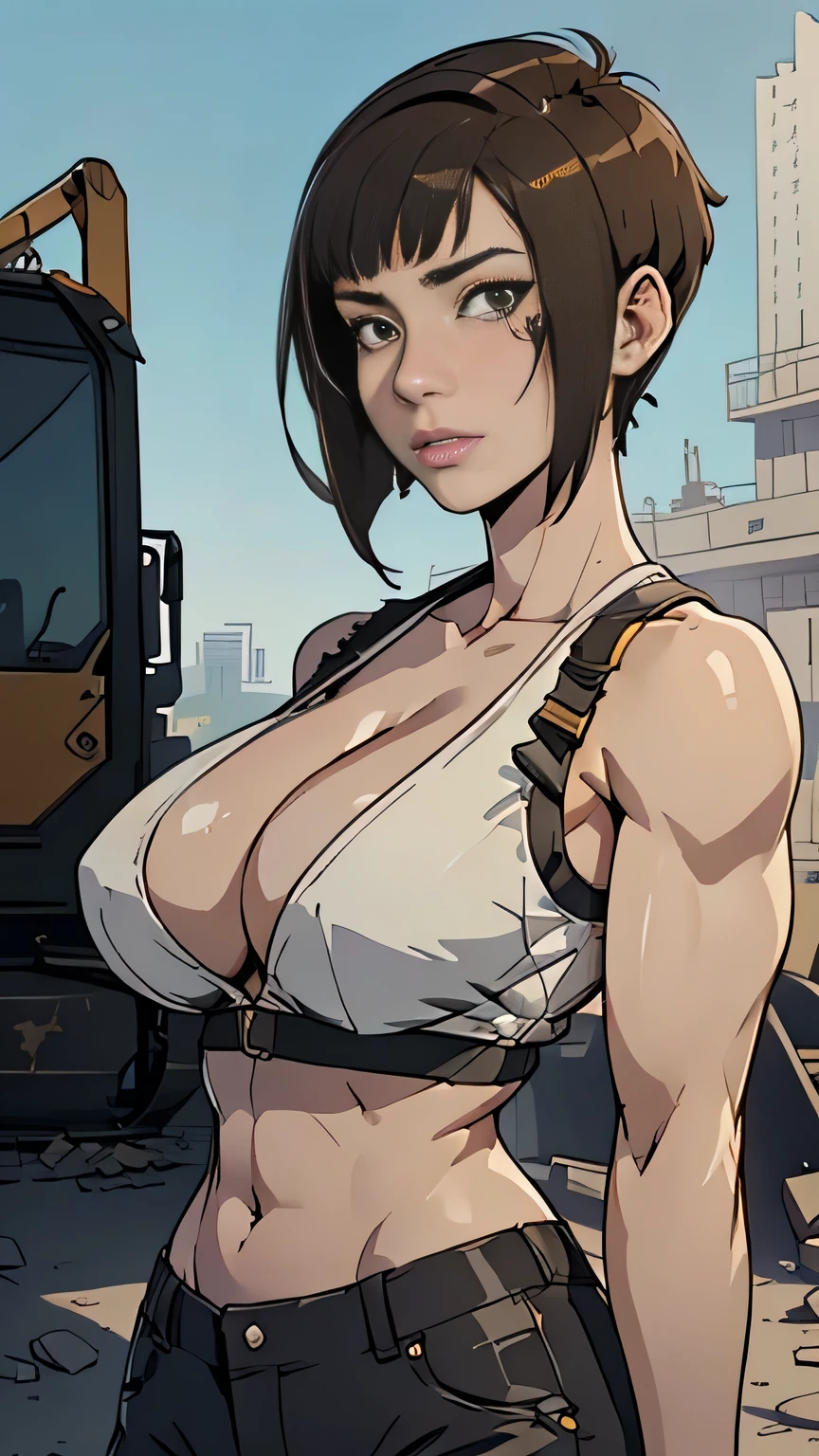 photo of mlp Meowko, RAW, beautiful woman, ((portrait)), ((detailed face:1.2)), ((anime face, anime facial feature, clear skin, glossy anime lips, clear skin), (short messy lesbian haircut, brunette: 1.55), (under boob: 1.6), (perfect proportioned body, Strong, muscular, narrow waist, narrow hips, skinny, large breasts), (she is wearing a reflective work vest, yellow hard hat, Cleavage), construction site, Heavy equipment, steel beams, (realistic photo, best quality, detailed), (8k wallpaper), (cinematic lighting, beautiful light, (noon:1.3)) (sharp focus, intricate)