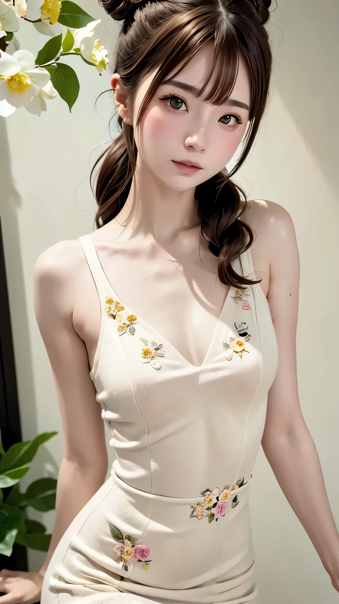 photoshoot by deborahWolf1, A skinny Japanese woman, (brown hair), (hair with elegant bun), cute face, detailed face, detailed eyes, detailed skin texture, (blush:0.2), (goosebumps:0.3), (White floral dress), underground scattering, Photorealistic, Hyperrealistic, hyperdetailed, analog style , tilted hip, demure, detailed skin, matte skin, soft lighting, subterranean scattering, realistic, heavy shadow, artwork, Best quality, ultra realistic, 8k, golden ratio, intricate, high detail, film photography, soft focus, stem, (({full|upper} body photo))