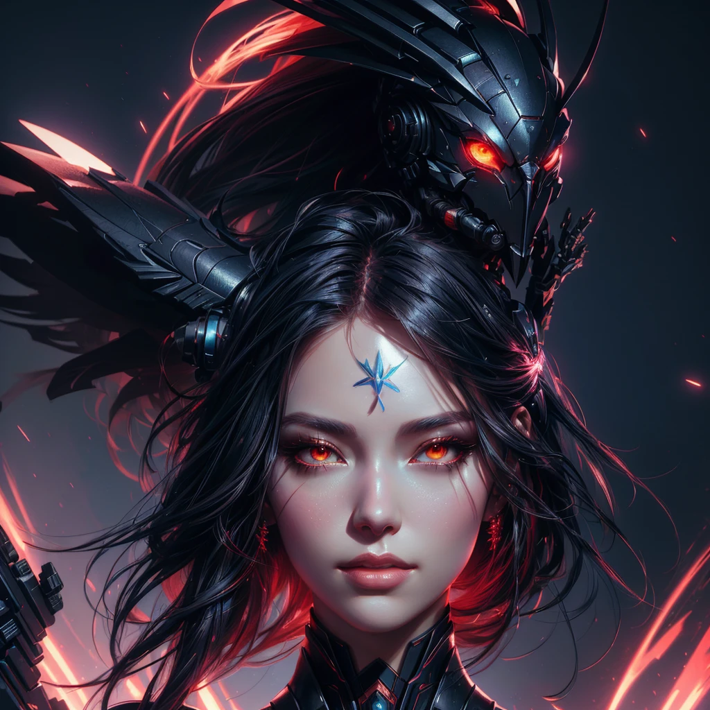 sci-fi, a close up of a woman - sci-FI queen of the raven with a sci fiorer on her face, Mechanical raven IN HAIRS, red glowing eyes, rossdraws portrait, fantasy concept art portrait, wojtek fus, rossdraws 2. 0, rossdraws 1. 0, rossdraws digital painting, epic fantasy digital art style, cgsociety portrait, rossdraws global illumination, :: rossdraws, alexandra fomina artstation