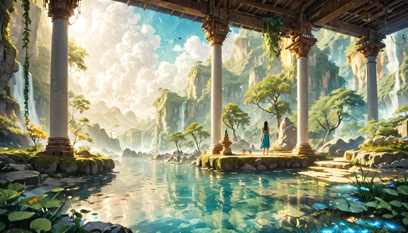 Namaste. Person meditating. Loose Clothes. Beautiful landscape of an enchanting valley. dream world. Symbols of nature. Feeling of Fullness. details Intricate. cinematic lighting