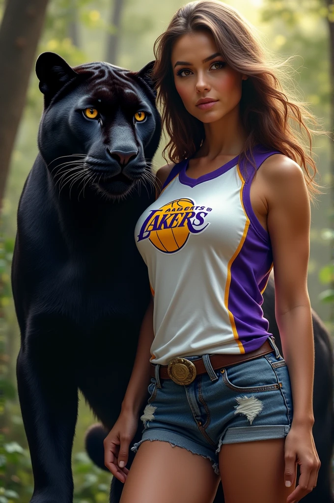 Woman with brown hair wearing denim shorts and a white and purple Lakers shirt and a black panther next to her