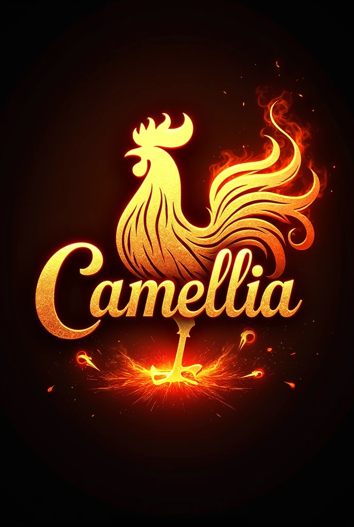 A logo with the name Camellia with gold and fire and a rooster
