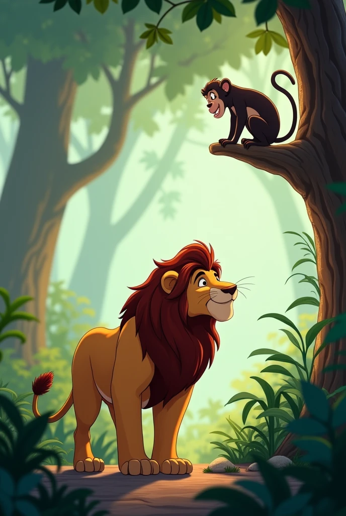 Animated image of a lion walking through the jungle with a wider background, Then he sees a monkey on top of a tree, They look at each other, The lion shakes his head up and down
