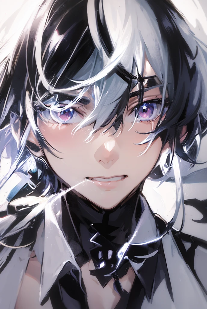 An anime boy with medium long hair, the right half of his hair is black and the left half of his hair is white.