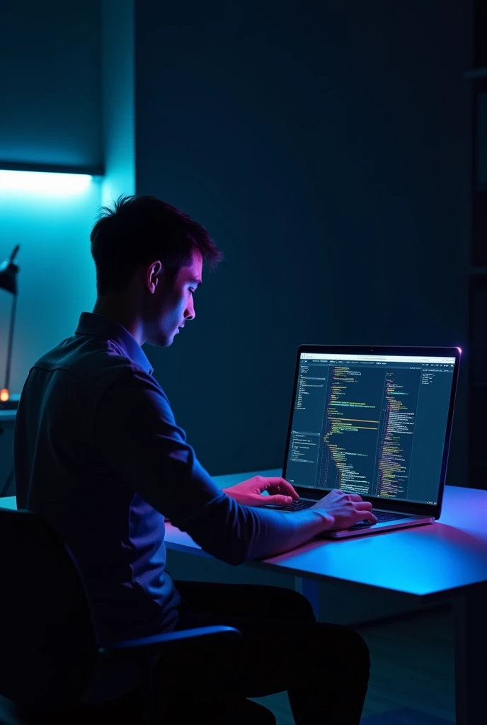 Create an image that fits a modern, sleek website design, featuring a man working on a laptop. The man should be in a minimalistic, well-lit environment, with a clear focus on the laptop screen, which displays a web interface with code, design elements, or a modern website layout. The color palette of the image should match the dark background and vibrant highlights of the website. Include subtle neon or blue lighting that reflects off the laptop screen, adding a tech-savvy, futuristic feel to the scene. The overall atmosphere should convey professionalism in web development and design, aligning with the theme of digital innovation and front-end development.