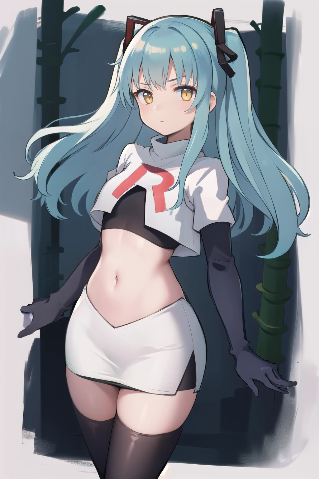 best quality, (masterpiece:1.2), illustration, absurdres,
(1girl, solo), (beautiful detailed girl),
Tio Plato, yellow eyes, aqua hair, long hair, two side up, small breasts,
fake animal ears,
team rocket,team rocket uniform,white skirt,red letter R,crop top,black thigh-highs,black elbow gloves,
looking at viewer,
in bamboo forest, chinese architecture, stream,,
cowboy shot,
