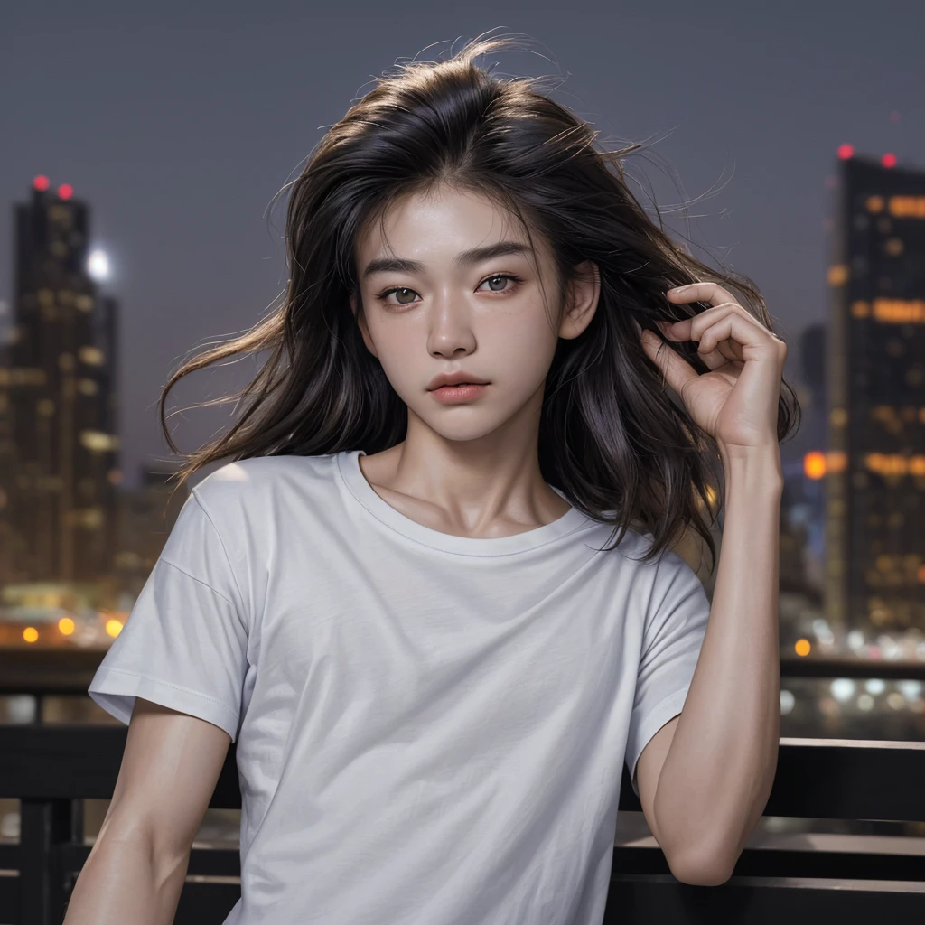of the highest quality, masterpiece, ultra high resolution, (realist: 1.4), Photo original, Wallpaper, head photo, fur, simple background, iris, detailed, autophoto, 1 chico, 20 years, good looking, wind,white t-shirt、city at night