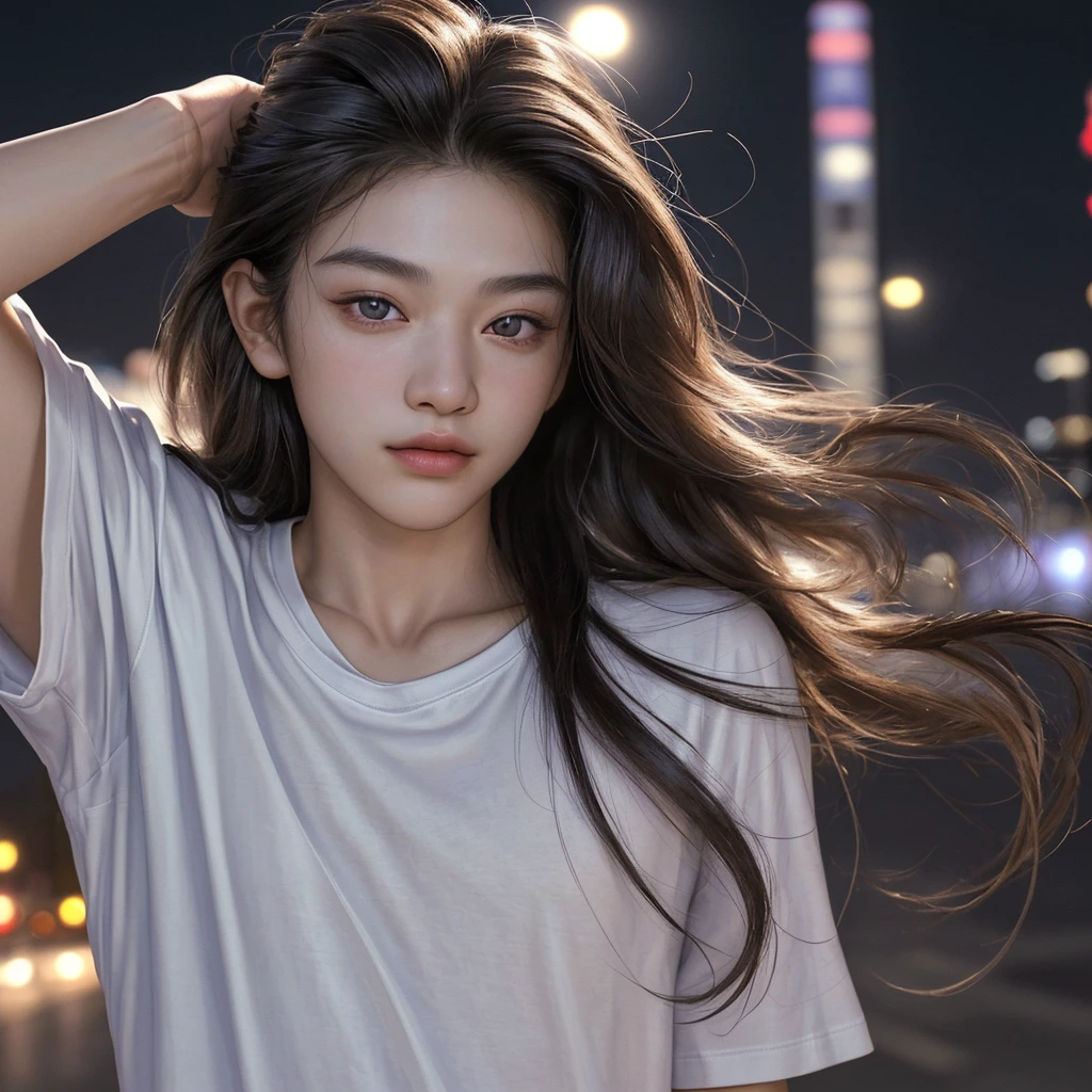 of the highest quality, masterpiece, ultra high resolution, (realist: 1.4), Photo original, Wallpaper, head photo, fur, simple background, iris, detailed, autophoto, 1 chico, 20 years, good looking, wind,white t-shirt、city at night