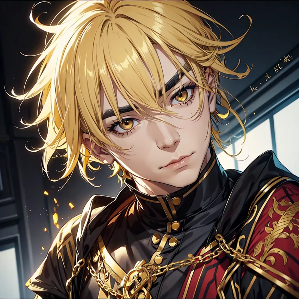 Mature man dark black eyes with golden yellow hair with a dark wild expression and yellow eyebrows 