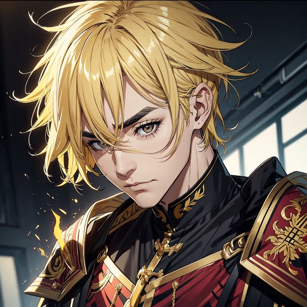 Mature man dark black eyes with golden yellow hair with a dark wild expression and yellow eyebrows