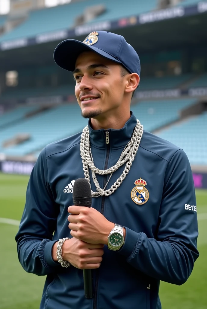 a real madrid 18 year old footballer giving an interview after a game in training jacket with iced out chains and a cap and a rolex