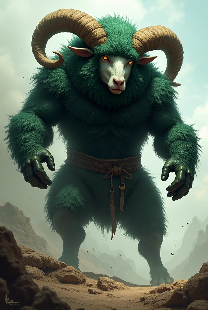 A strong and warrior sheep with green and black colors