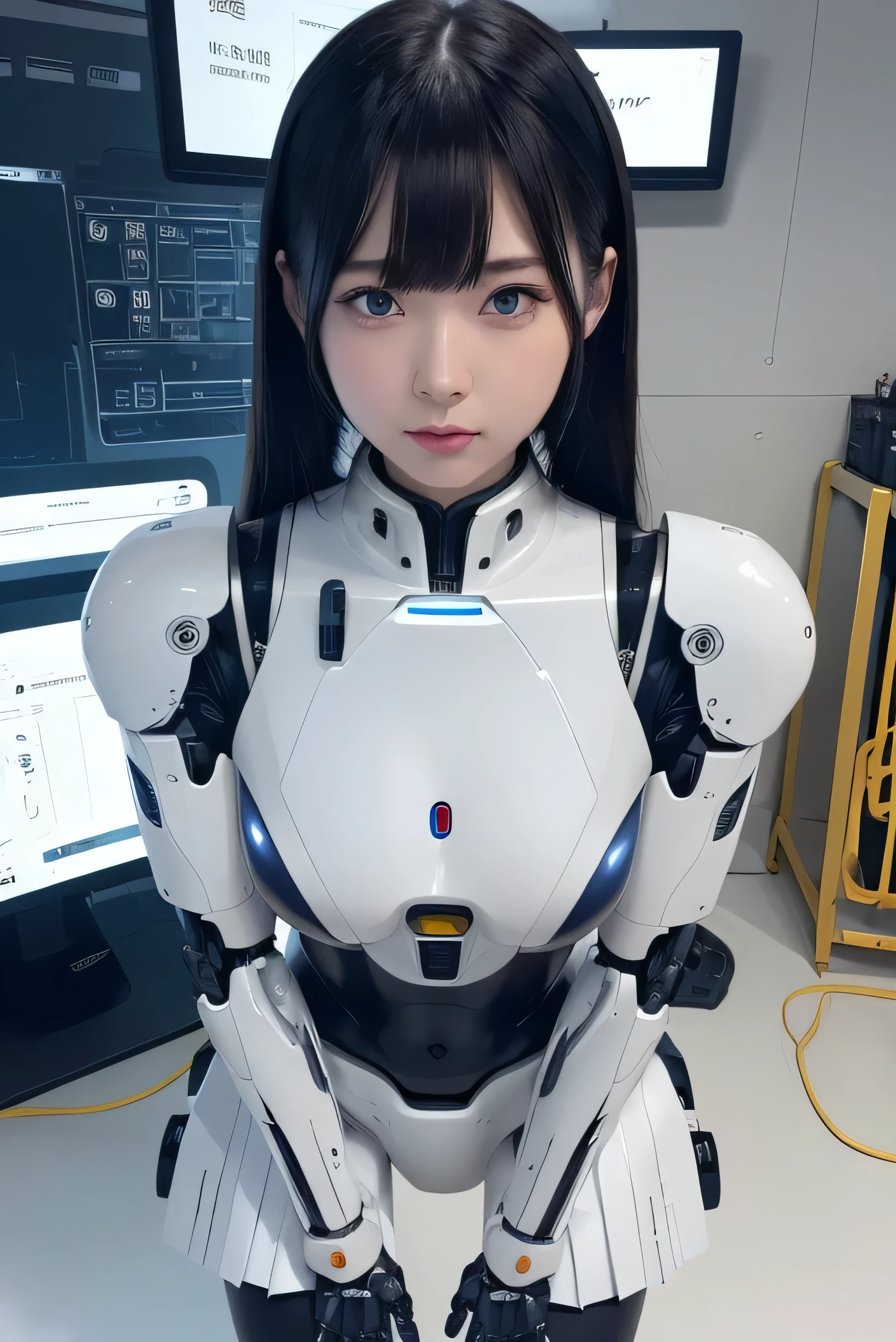 masterpiece, best quality, extremely detailed, Japaese Cyborg Girl,Plump ,navy pleated miniskirt,black tights,control panels,android,Droid,Mechanical Hand, ,clothes with a sense of mechanical technology, Robot arms and legs, Black Robot Parts,Black hair,Mechanical body,Blunt bangs,White abdomen,White robotics parts,tube dress,perfect robot woman,future laboratory,cyber pank,charging spot,android factory,robot factory,cyborg factory,long tube,thick cable connecting her neck,ceramic body ,blue eyes,smechanical body, android,robot humanoid,