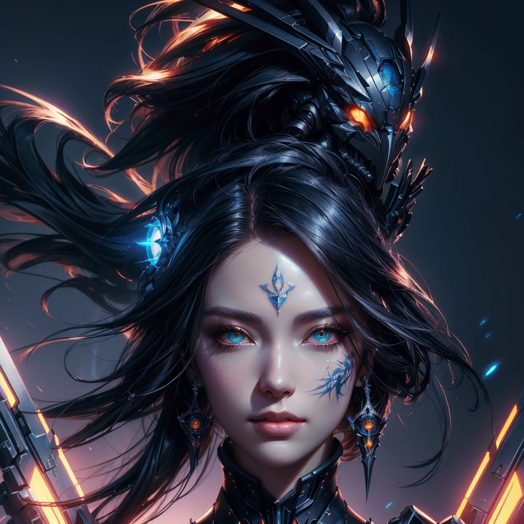 sci-fi, a close up of a woman - sci-FI queen of the raven with a sci fiorer on her face, Mechanical raven IN HAIRS, fiol glowing eyes, rossdraws portrait, fantasy concept art portrait, wojtek fus, rossdraws 2. 0, rossdraws 1. 0, rossdraws digital painting, epic fantasy digital art style, cgsociety portrait, rossdraws global illumination, :: rossdraws, alexandra fomina artstation