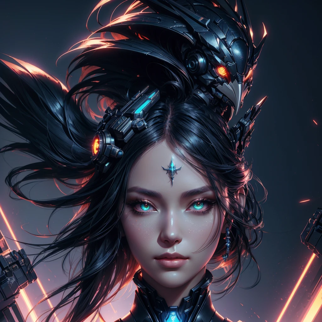 sci-fi, a close up of a woman -  sci-FI queen of the raven with a sci fiorer on her face, Mechanical raven IN HAIRS, fiol glowing eyes,  rossdraws portrait, fantasy concept art portrait, wojtek fus, rossdraws 2. 0, rossdraws 1. 0, rossdraws digital painting, epic fantasy digital art style, cgsociety portrait, rossdraws global illumination, :: rossdraws, alexandra fomina artstation