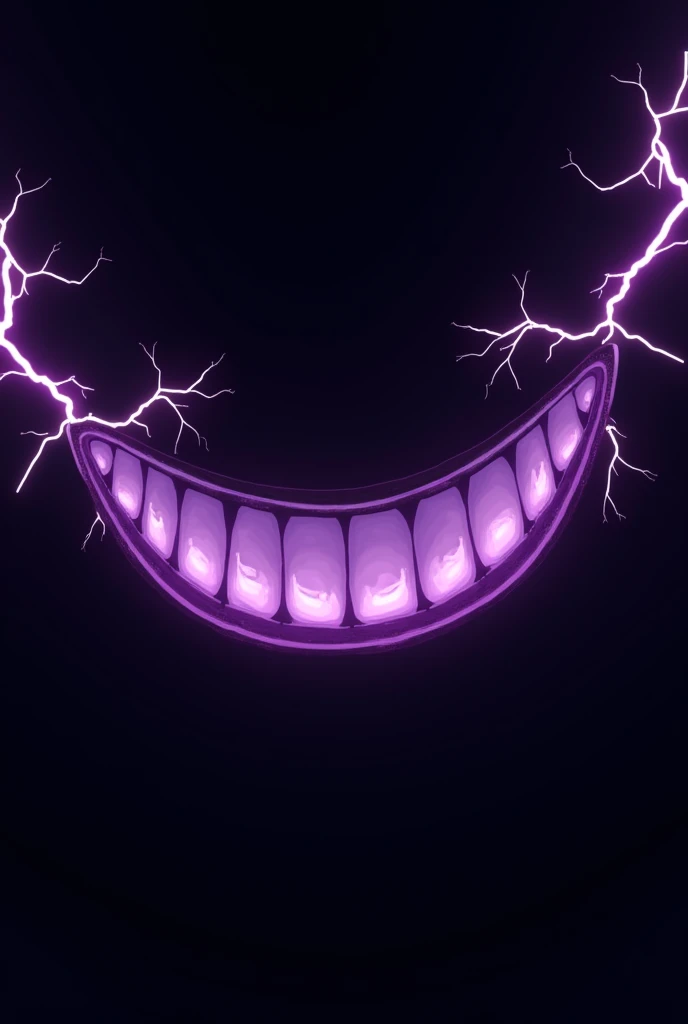 Do A black screen with purple thunders on it, these thunders form a smile with teeth, The smile has a cartoon style but the thunder is realistic, and there are several thunders, The teeth are those of a normal person, they are not pointy. They are like human teeth but Cartoon , The teeth are very straight, without any imperfections, and they are 2D