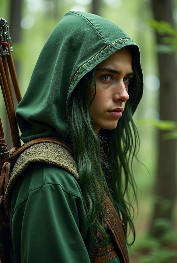 forest elf- young man, verdigris-bronze coloured skin, green long haired, in the forest, having longbow large as he is on his back, in the forest camoflage with hood on him