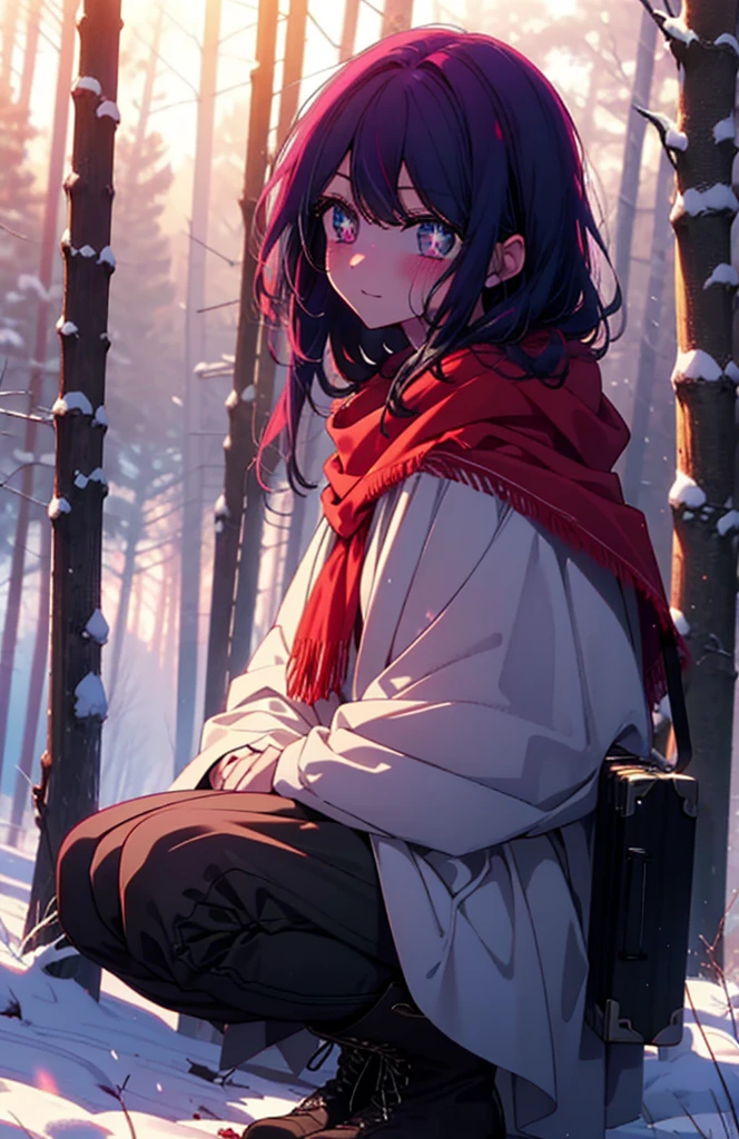 aihoshino, Ai Hoshino, Long Hair, bangs, (Purple eyes:1.1), Purple Hair, (Symbol-shaped pupil:1.5), smile,,smile,blush,white breath,
Open your mouth,snow,Ground bonfire, Outdoor, boots, snowing, From the side, wood, suitcase, Cape, Blurred, , forest, White handbag, nature,  Squat, Mouth closed, Cape, winter, Written boundary depth, Black shoes, red Cape break looking at viewer, Upper Body, whole body, break Outdoor, forest, nature, break (masterpiece:1.2), Highest quality, High resolution, unity 8k wallpaper, (shape:0.8), (Beautiful and beautiful eyes:1.6), Highly detailed face, Perfect lighting, Highly detailed CG, (Perfect hands, Perfect Anatomy),