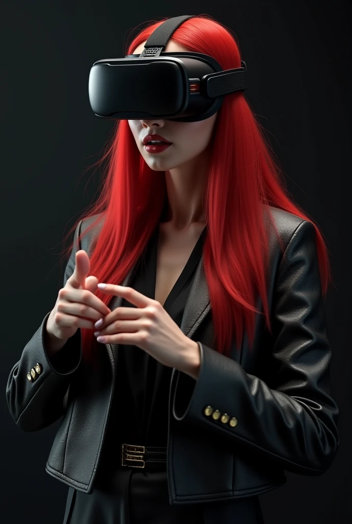 ((best quality)), ((masterpiece)), (detailed), 1girl, A beautiful woman with red cherry hair wearing black vr goggles, pointing, grabbing hands gesture interaction, dark background, iridescent textured jacket, leather suit. wear trousers. red cherry long straight hair, slightly blurred, studio setup with soft lighting, futuristic theme, inspired by modern vr technology photography, best quality. Cinematic, Photoshoot, Shot on 25mm lens, Depth of Field, Tilt Blur, Shutter Speed 1/1000, F/22, White Balance, 32k, Super-Resolution, Pro Photo RGB, Half rear Lighting, Backlight, Dramatic Lighting, Incandescent, Soft Lighting, Volumetric, Conte-Jour, Global Illumination, Screen Space Global Illumination, Scattering, Shadows, Rough, Shimmering, Lumen Reflections, Screen Space Reflections, Diffraction Grading, Chromatic Aberration, GB Displacement, Scan Lines, Ambient Occlusion, Anti-Aliasing, FKAA, TXAA, RTX, SSAO, OpenGL-Shader’s, Post Processing, Post-Production, Cell Shading, Tone Mapping, CGI, VFX, SFX, insanely detailed and intricate, hyper maximalist, elegant, dynamic pose, photography, volumetric, ultra-detailed, intricate details, super detailed, ambient.