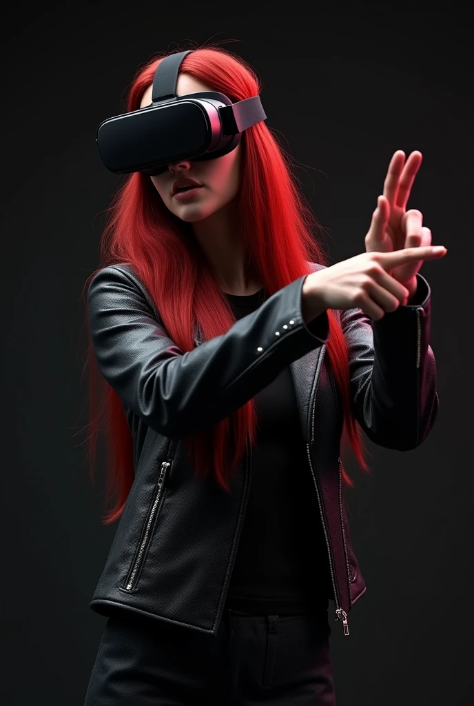 ((best quality)), ((masterpiece)), (detailed), 1girl, A beautiful woman with red cherry hair wearing black vr goggles, pointing, grabbing hands gesture interaction, dark background, iridescent textured jacket, leather suit. wear trousers. red cherry long straight hair, slightly blurred, studio setup with soft lighting, futuristic theme, inspired by modern vr technology photography, best quality. Cinematic, Photoshoot, Shot on 25mm lens, Depth of Field, Tilt Blur, Shutter Speed 1/1000, F/22, White Balance, 32k, Super-Resolution, Pro Photo RGB, Half rear Lighting, Backlight, Dramatic Lighting, Incandescent, Soft Lighting, Volumetric, Conte-Jour, Global Illumination, Screen Space Global Illumination, Scattering, Shadows, Rough, Shimmering, Lumen Reflections, Screen Space Reflections, Diffraction Grading, Chromatic Aberration, GB Displacement, Scan Lines, Ambient Occlusion, Anti-Aliasing, FKAA, TXAA, RTX, SSAO, OpenGL-Shader’s, Post Processing, Post-Production, Cell Shading, Tone Mapping, CGI, VFX, SFX, insanely detailed and intricate, hyper maximalist, elegant, dynamic pose, photography, volumetric, ultra-detailed, intricate details, super detailed, ambient.