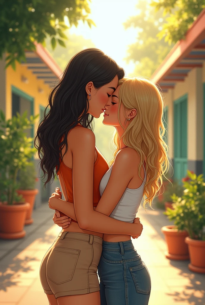 Illustrate the story of two Brazilian girls who fell in love during their senior year of high school. One of them was taller with straight dark blonde hair and the other was shorter with shoulder length wavy hair.. Show them hugging each other.