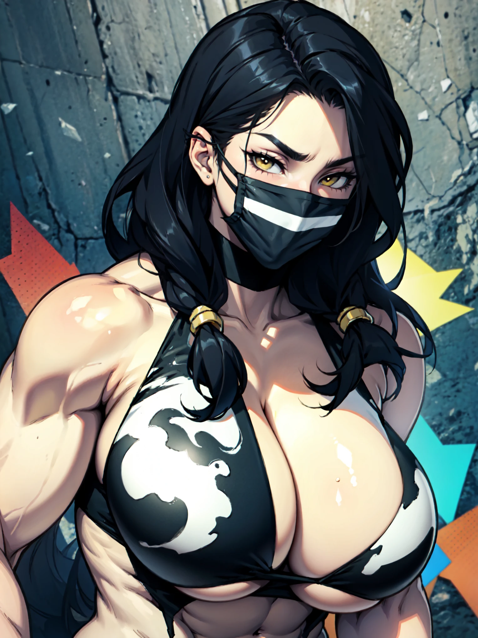 empty eyes embarrassed girl female huge breasts breasts pale skin 1girl muscular toned body huge breasts thick thighs black hair yellow eyes bodybuilder
