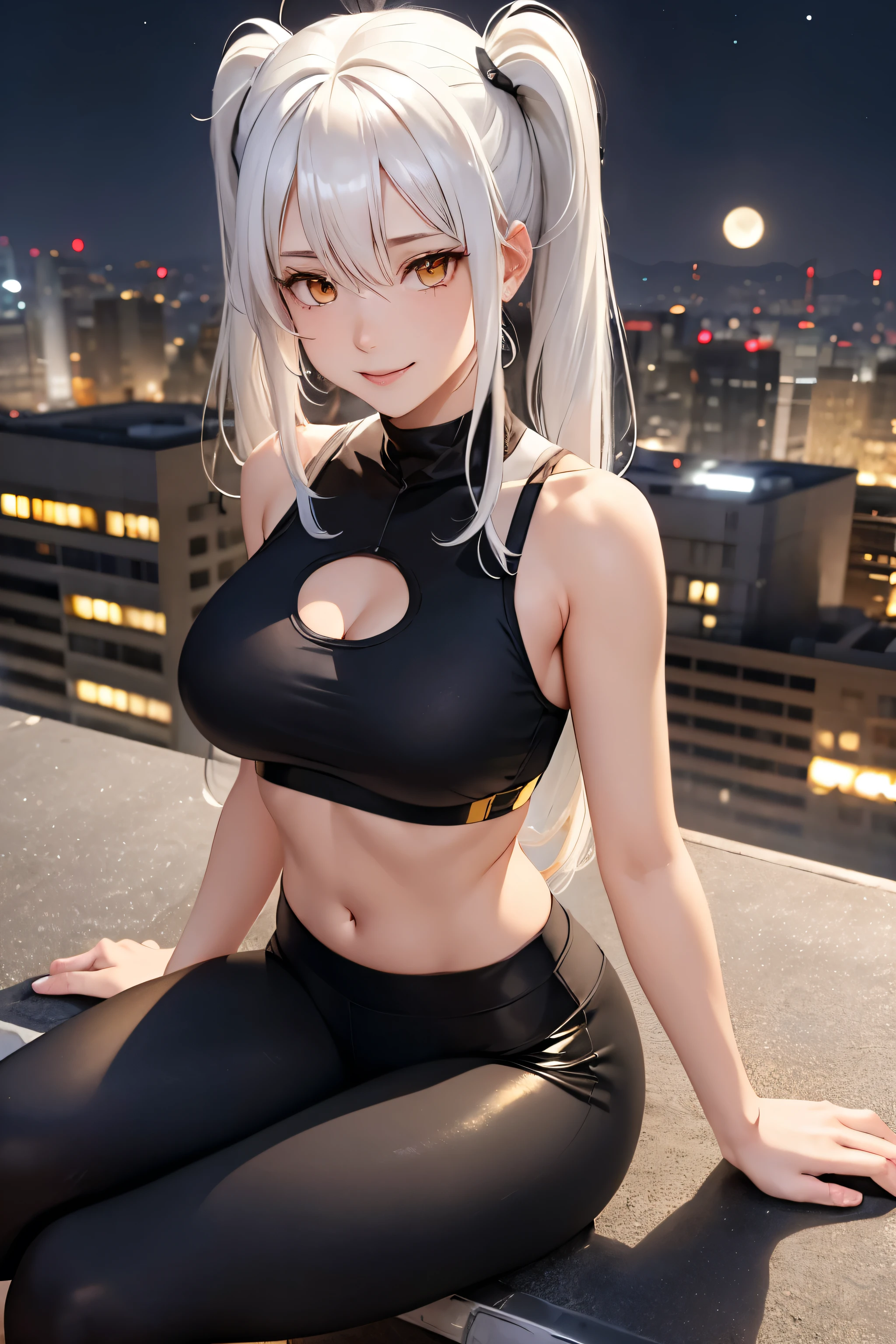 Woman, White Hair, (Golden Eyes:1.2), Twin Tails, Large Chest, Black Leggings, White Sports Bra, on Rooftop, Sitting on Low Wall, Full Moon, Coy Smile