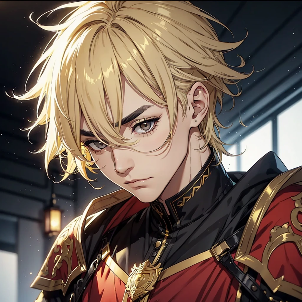 Mature man dark black eyes with golden yellow hair with a dark wild expression and yellow eyebrows