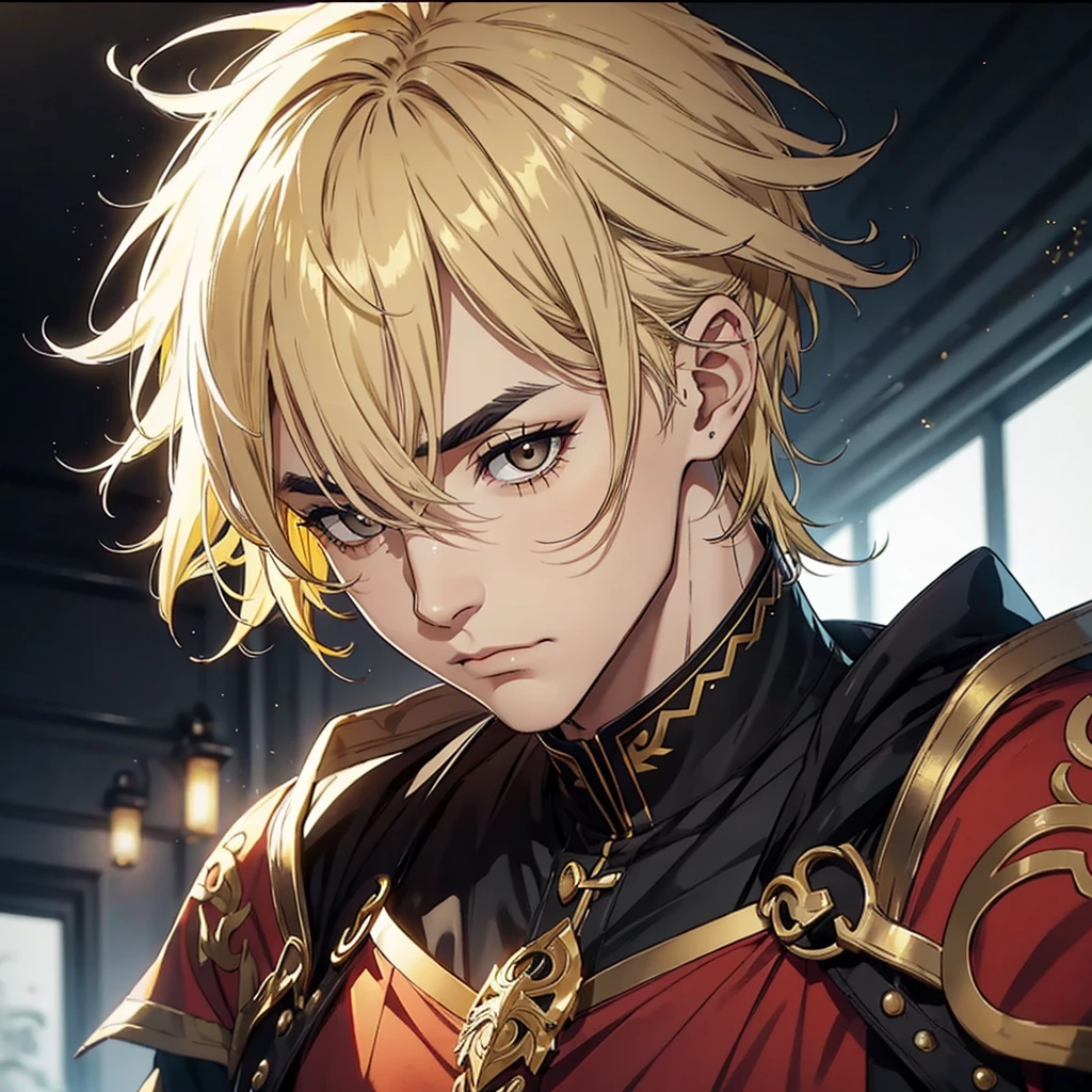 Mature man dark black eyes with golden yellow hair with a dark wild expression and yellow eyebrows