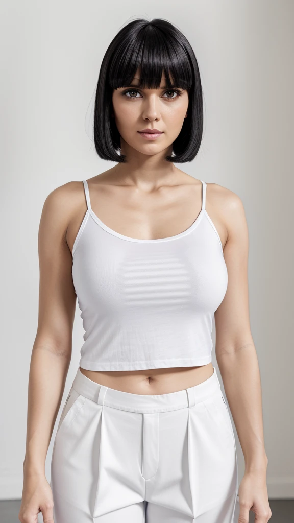 Masterpiece Hyperreal 32k female, 30 years old
 Clothing T-shirt, camisole inside, white wide pants
 Hairstyle Black straight bob, short. Bangs parted in the center
 Blurred background