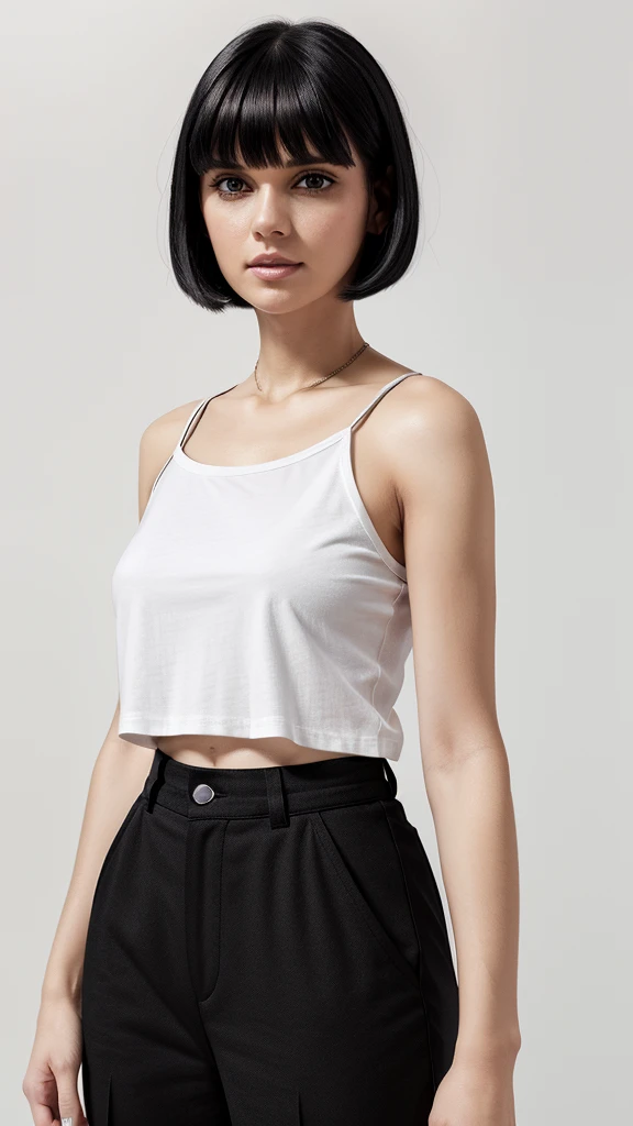 Masterpiece Hyperreal 32k female, 30 years old
Clothing T-shirt, camisole inside, white wide pants
Hairstyle Black straight bob, short. Bangs parted in the center
Blurred background