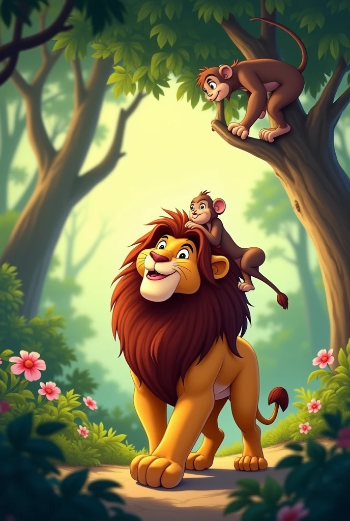 Animated image of a lion walking through the jungle with a wider background, Then he sees a monkey on top of a tree, They look at each other, The lion shakes his head up and down. The monkey comes down from the tree and climbs on top of the lion. The two of them are happy.