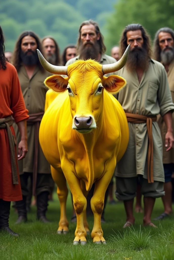 ghost, aesthetic nightmare Realistic picture of a bright yellow cow surrounded by men in traditional old clothes, long hair and belts Behind them is a green grassy area.
