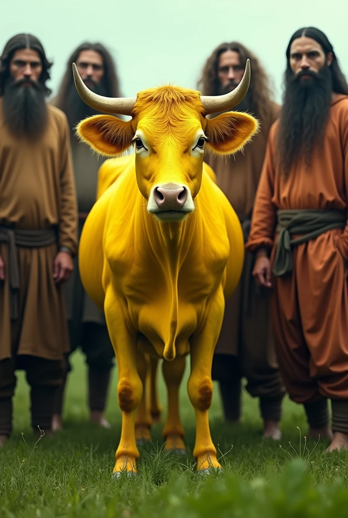 ghost, aesthetic nightmare Realistic picture of a bright yellow cow surrounded by men in traditional old clothes, long hair and belts Behind them is a green grassy area.