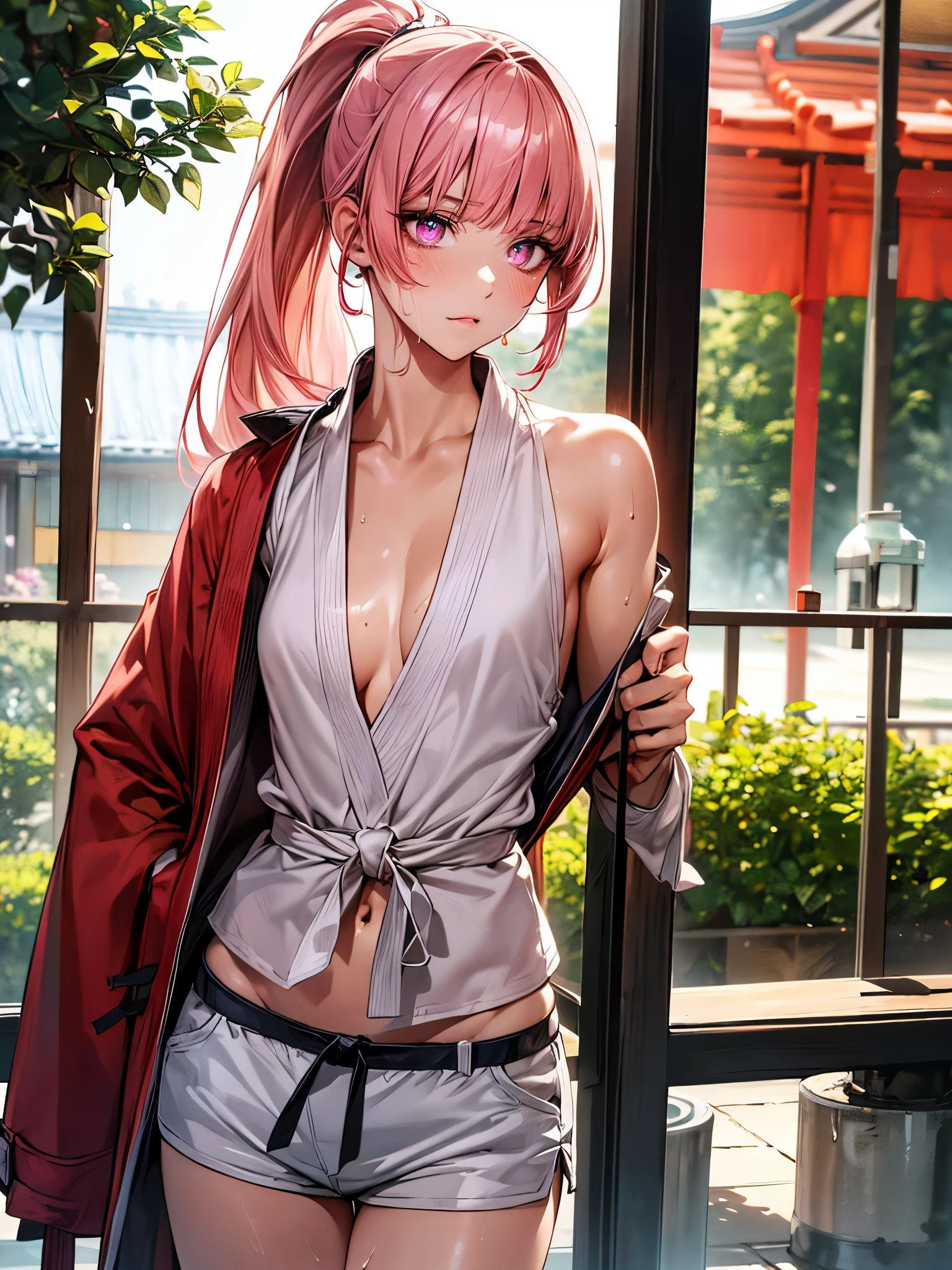 Armpit Show,((Perfect Anatomy,Realistic,:1.4,RAW Photos:1.3,masterpiece、Highest quality、Ultra - High resolution、High resolution、Extremely detailed CG、8k)),1 female,alone,((20 year old beauty,Beautiful and exquisite face and eyes,Gorgeous eyes,Pink Eyes)),((Pink Hair,ponytail,Long Hair,Blunt bangs,Straight hair)),((Medium chest,Slender body,Small Head:1.4,skinny)),(Oily skin,Glowing Skin,Glowing Skin,Sweat:1.4),((Karate coat, Cleavage,No sleeve、White Micro Shorts)),During karate training、punch:1.7,punching a punching bag:1.7,Action pose、Japanese garden、Japanese Style House、Tokyo、moonlight、