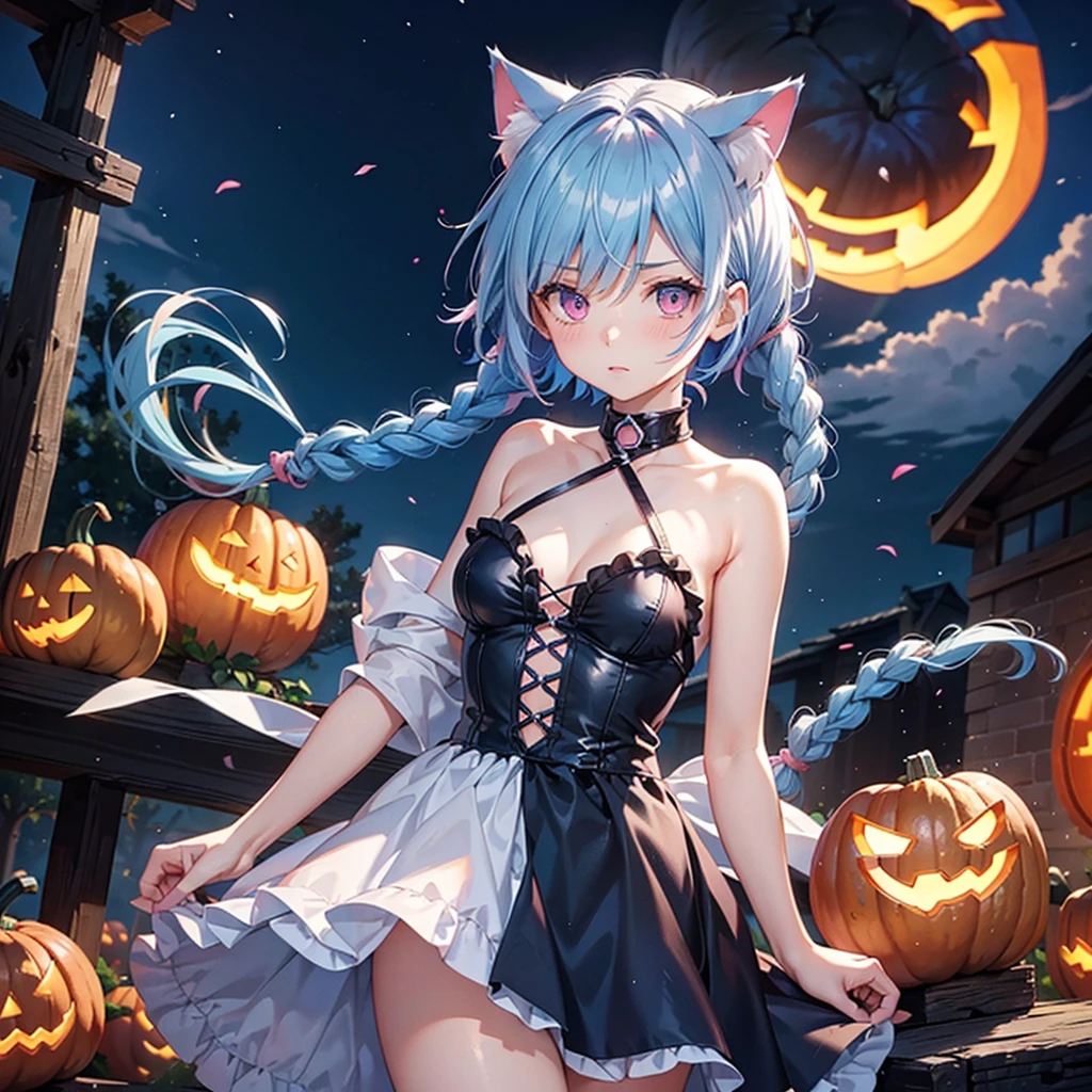 (Sky blue hair),(Braided short hair), (Pink Eyes),Fair skin) ,(whole body),(One Girl),(There are lots of pumpkin ghosts in the background),Cat ear,Cat's Tail,(Sailor suit),(Cute smile),(Fall into Darkness),If you don't give me sweets, I'll play a prank on you.),Halloween Night Party),(masterpiece, Highest quality, Very detailed, Best Shadow), (Detailed Background), (Beautifully detailed face), High Contrast, (Best lighting, Very delicate and beautiful), ((Cinematic Light)), Hyper Detail,8k, Dramatic Light, Intricate details,night,(Bats flying in the background),High quality