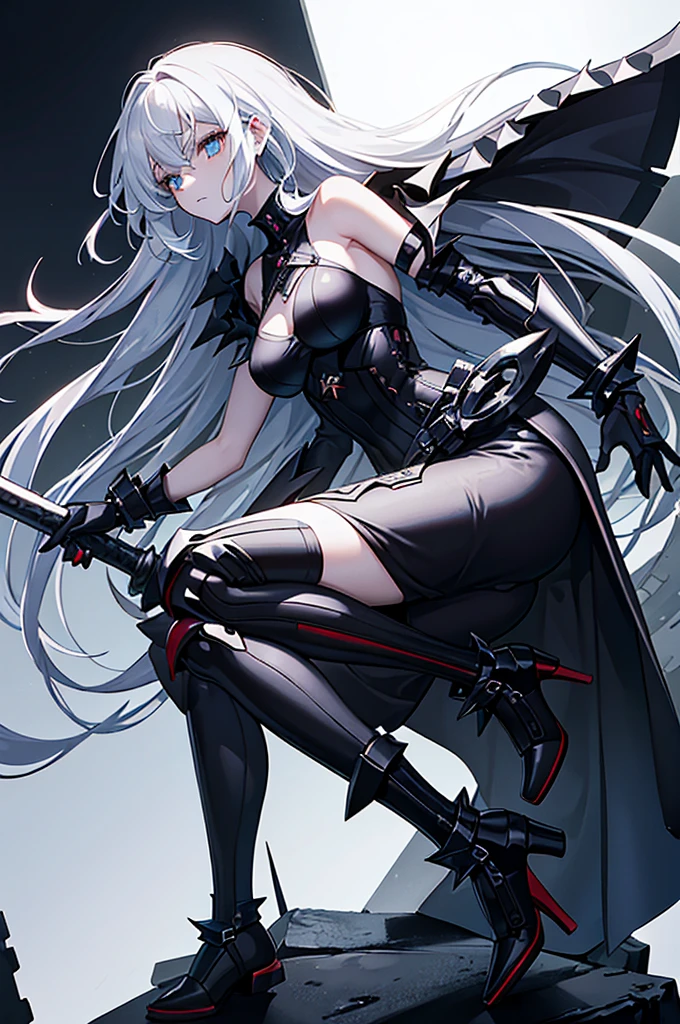 *Clothing:** She wears a very open black top, exposing part of her bust and abdomen. His garment features sharp, jagged shoulder pads, with sleeves that appear to blend into metallic or cybernetic structures. Her skirt or bottom consists of several metal spikes and dark stripes that partially cover her legs. - **Shoes:** His shoes are also cybernetic in style, with metal spikes and exposed mechanical elements. - **Accessories:** The character appears to be wearing pieces of armor or mechanical equipment, particularly on his arms and legs, with chains and heavy metal structures. She also holds objects shaped like lamps or weapons in each hand. - **Hair:** Her hair is long, white or silver in color, and is styled so that it flows behind her, adding a sense of movement to her appearance. - **Eyes:** Her eyes are a light orange color and appear to glow slightly, which could indicate a cybernetic or supernatural nature. Its overall appearance evokes a mix of science fiction and fantasy, with a style very marked by cybernetic elements and mechanical attributes.