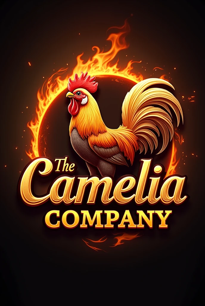 A logo with the name Camelia Company with gold and fire and a rooster