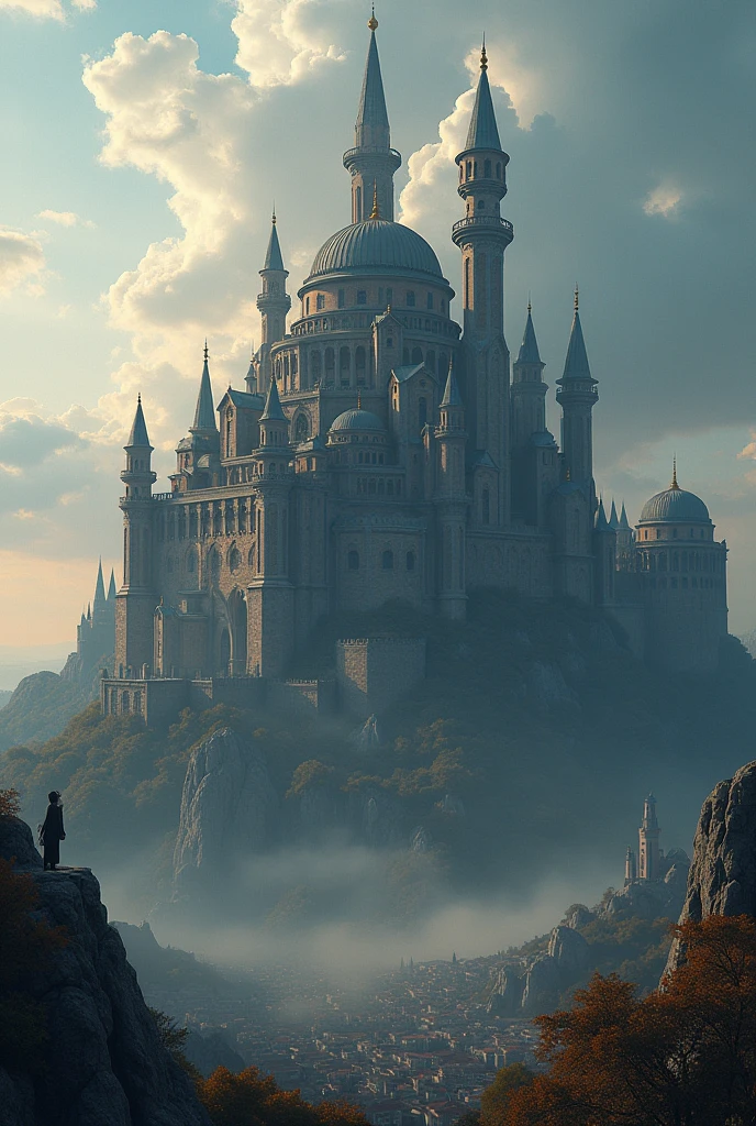 Big and gigantic castles , the biggest castle in the land. Bright colors, it has a dark ambiance about the castle, , Turkish heritage, the castle  so gigantic take the whole place making it a magnificent yet haunting view, ethereal view, yet very secure castle, Turkish vibes, Tall towering towers, medieval,  from above, Large, menacing, big walls, big towers, large castle, big and large garden . Medieval city down of the castle, can see the big medieval city from above the castle, not forest, large width, large sides