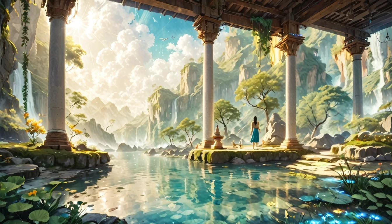 Namaste. Person meditating. Loose Clothes. Beautiful landscape of an enchanting valley. dream world. Symbols of nature. Feeling of Fullness. details Intricate. cinematic lighting