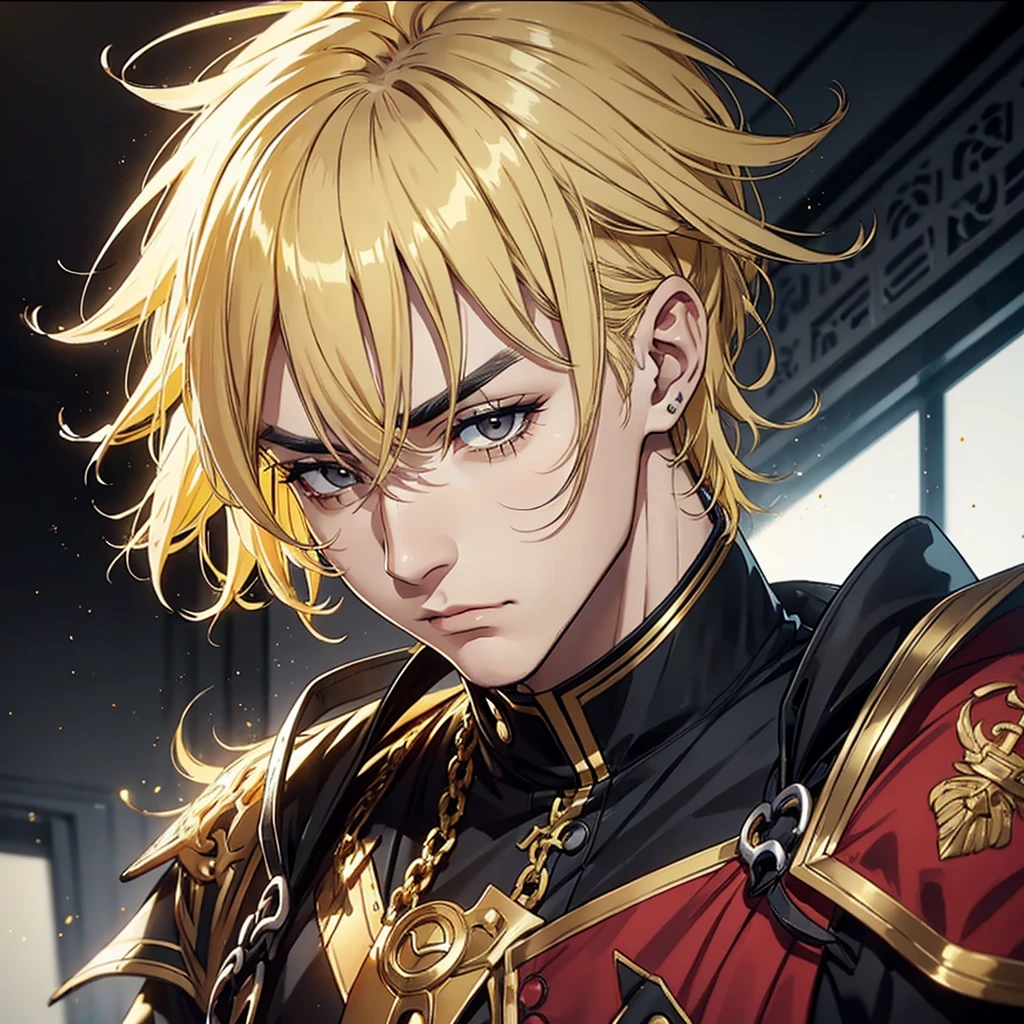 Mature man dark black eyes with golden yellow hair with a dark wild expression and yellow eyebrows