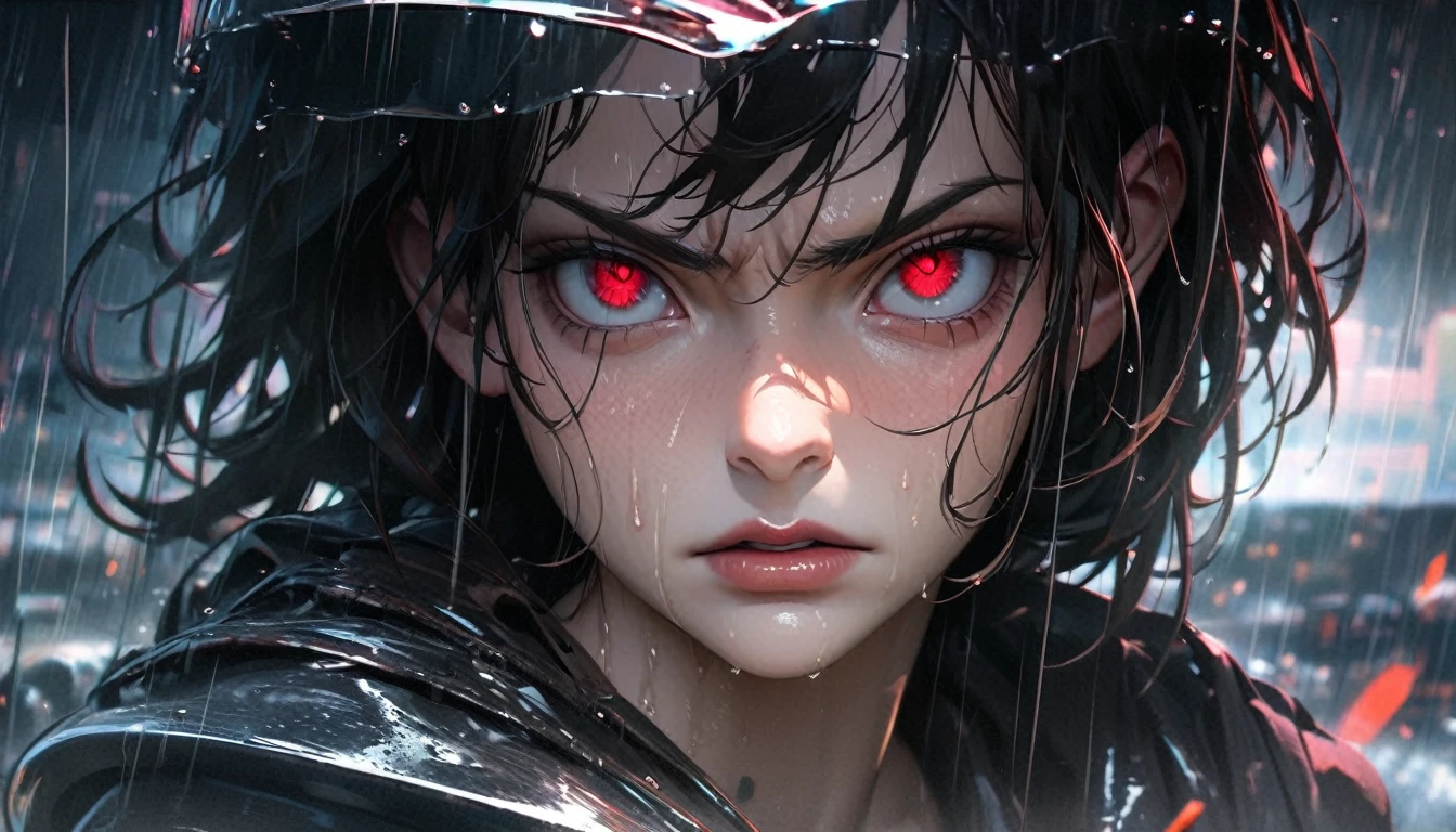 (The best quality,8k,ultra detailed),(realist:1.37),(Portraits,Conceptual artists),intense colours,sharp focus,(rain:0.9),(angry eyes:1.1),Long, damp black hair,glass barrel bottom,Eye contact with the viewer,Intense storm background,endless rain)
