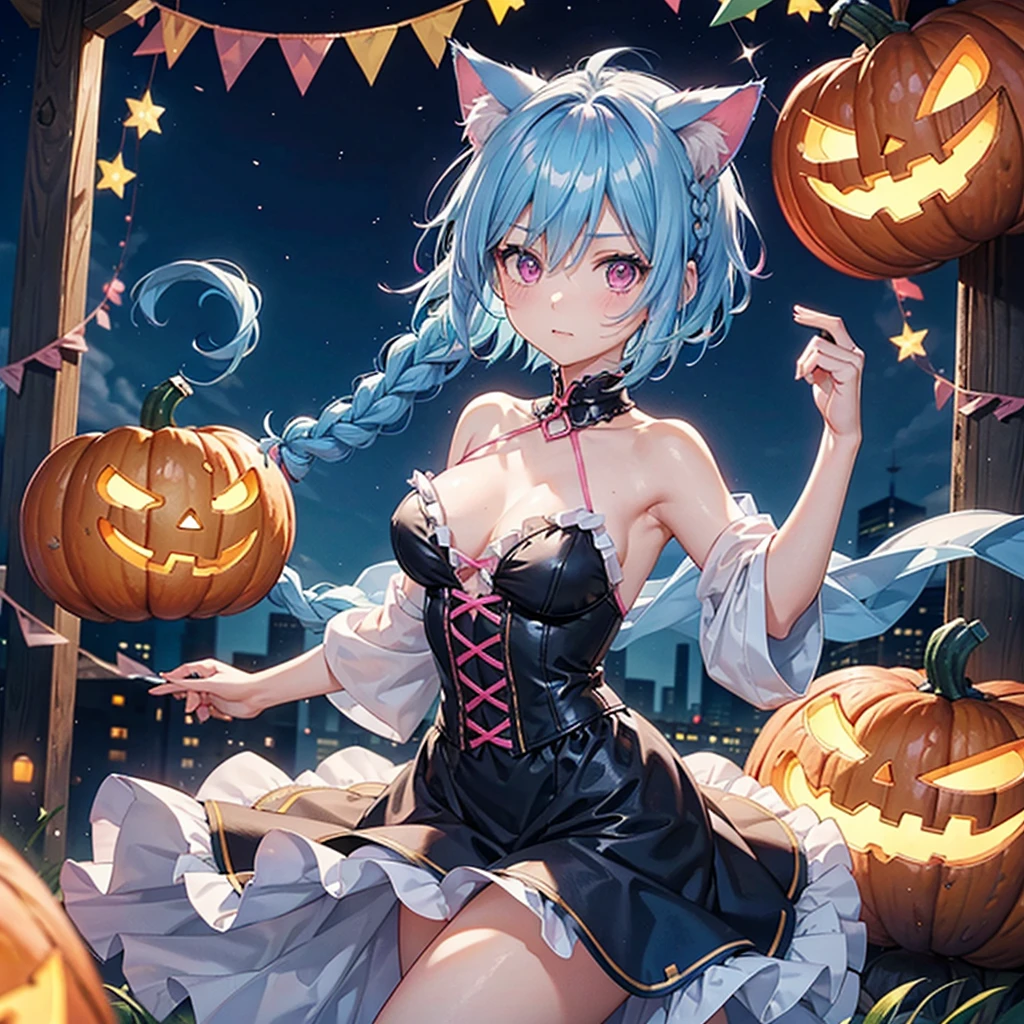 (Sky blue hair),(Braided short hair), (Pink Eyes),Fair skin) ,(whole body),(One Girl),(There are lots of pumpkin ghosts in the background),Cat ear,Cat's Tail,(Sailor suit),(Ahegao),(Fall into Darkness),If you don't give me sweets, I'll play a prank on you.),Halloween Night ),(masterpiece, Highest quality, Very detailed, Best Shadow), (Detailed Background), (Beautifully detailed face), High Contrast, (Best lighting, Very delicate and beautiful), ((Cinematic Light)), Hyper Detail,8k, Dramatic Light, Intricate details,night,(Bats flying in the background),High quality