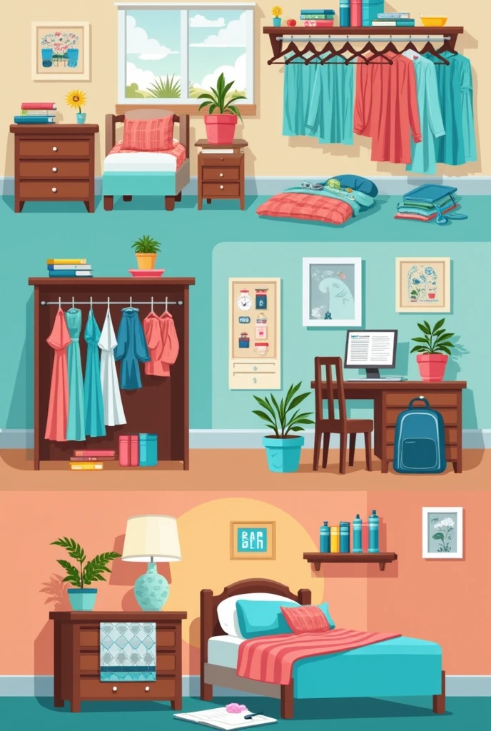 images of brushing your teeth, Organize your clothes, Clean your room, Prepare your backpack, 