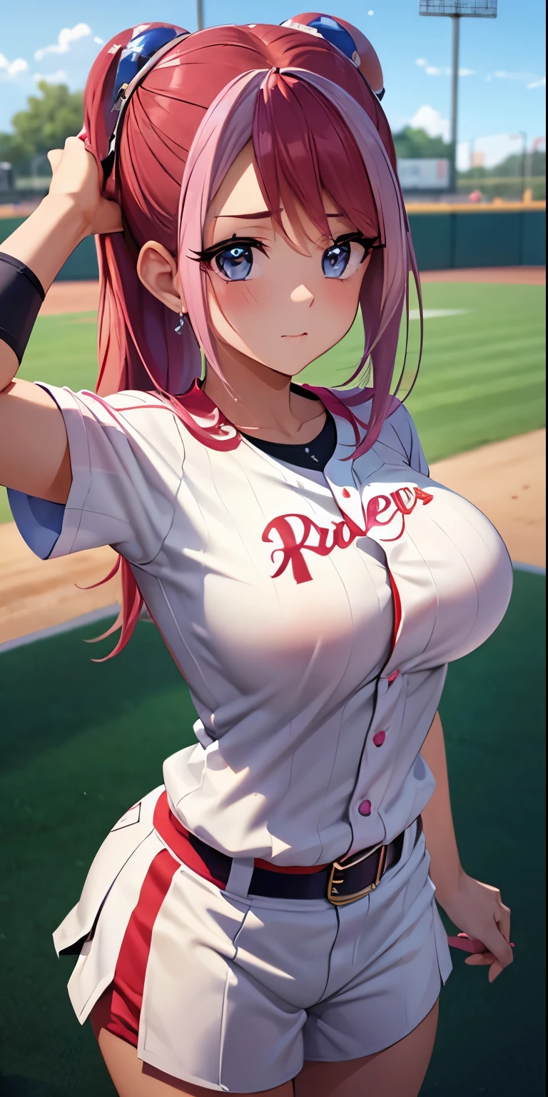 Beautiful girl ,busty girl, medium tits,hy1, hair ornament, multicolored hair, baseball player, baseball player costume,(pov,closed shot:1.2),8k, detailed face,cute face