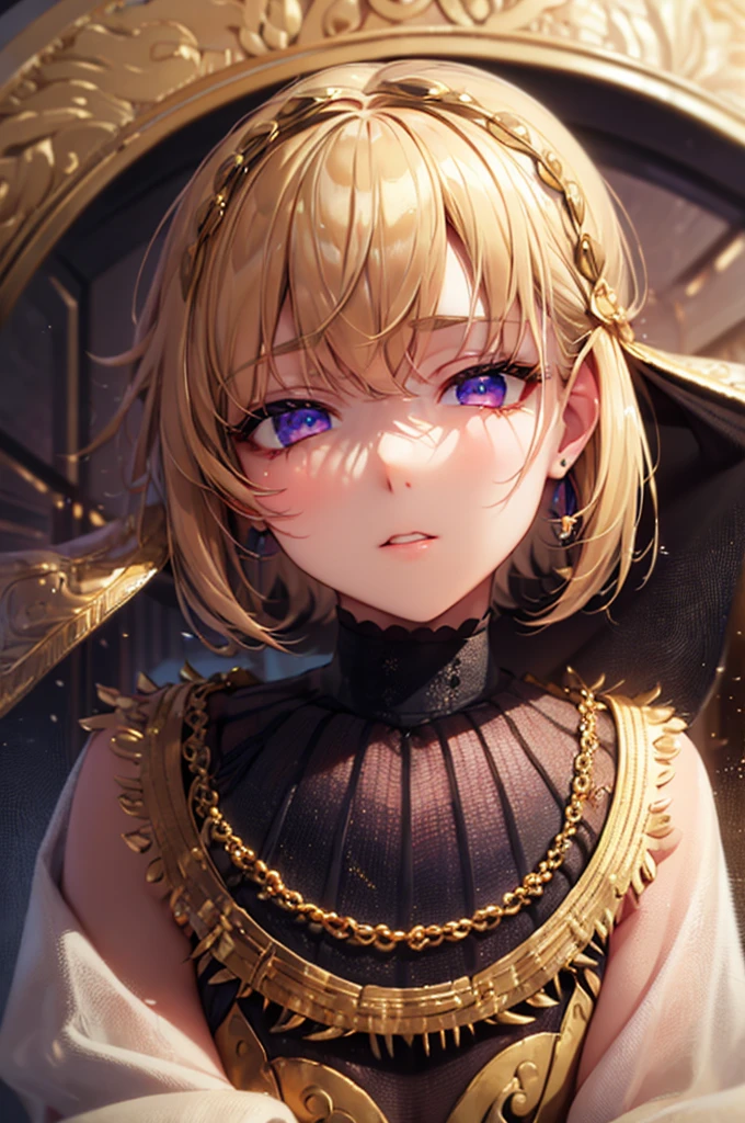 (master quality, amazing art, amazing eyes), close up on the eyes, beautiful girl, beautiful eyes, purple eyes with a blend of gold, amazing detail in the eyes, short hair, seductive, deep eyes, blonde hair, cheeky expression, extremely detailed iris, very little clothing, 1girl, teen, b-cup breasts, bra, naked