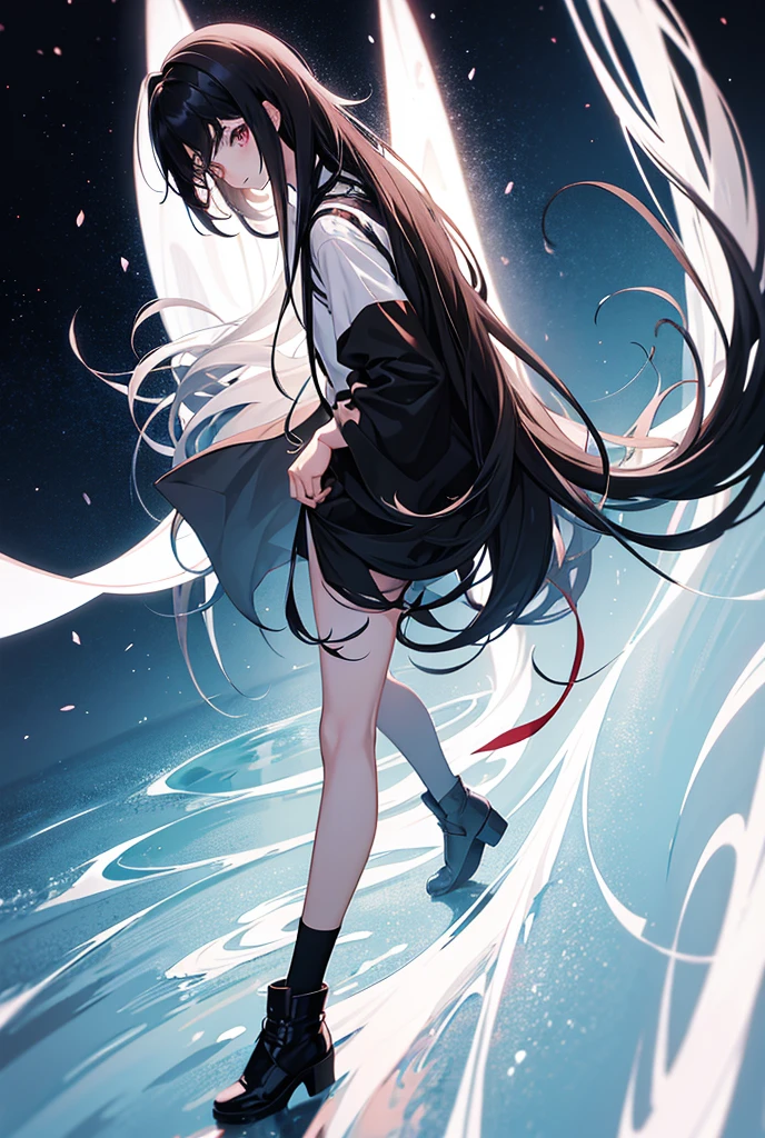 An anime boy with medium long hair, the right half of his hair is black and the left half of his hair is white.