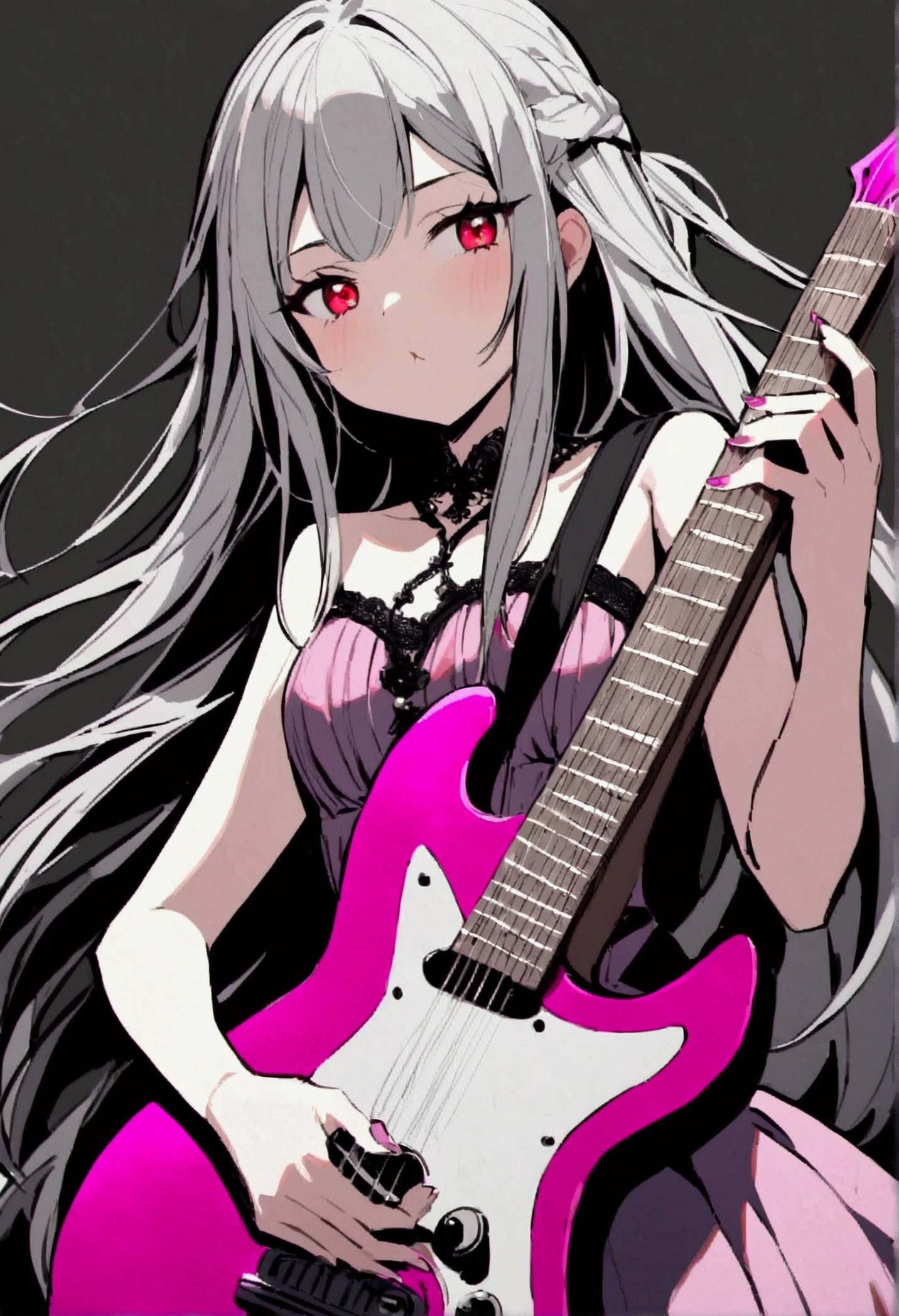 Young woman around her 17-19, has white and gray strands, amber eyes, long hair,flushy cheeks, likes to wear pink Gothic clothes, her body tipes is hourglass. Playing electric guitar.